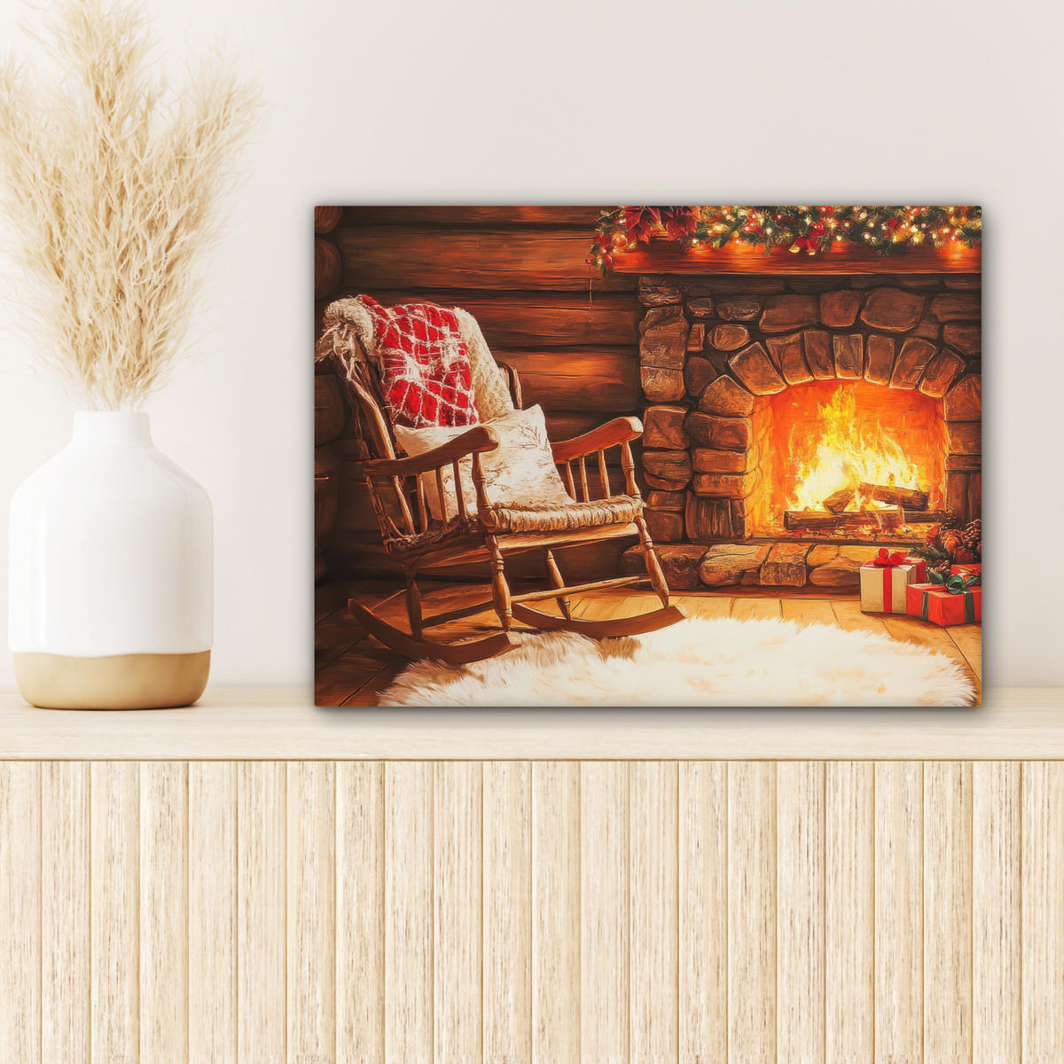 LEINWANDBILD Winter - Weihnachten - Zuhause - Kamin 40x30 cm - Bernsteinfarben, Textil (40/30cm) - MuchoWow