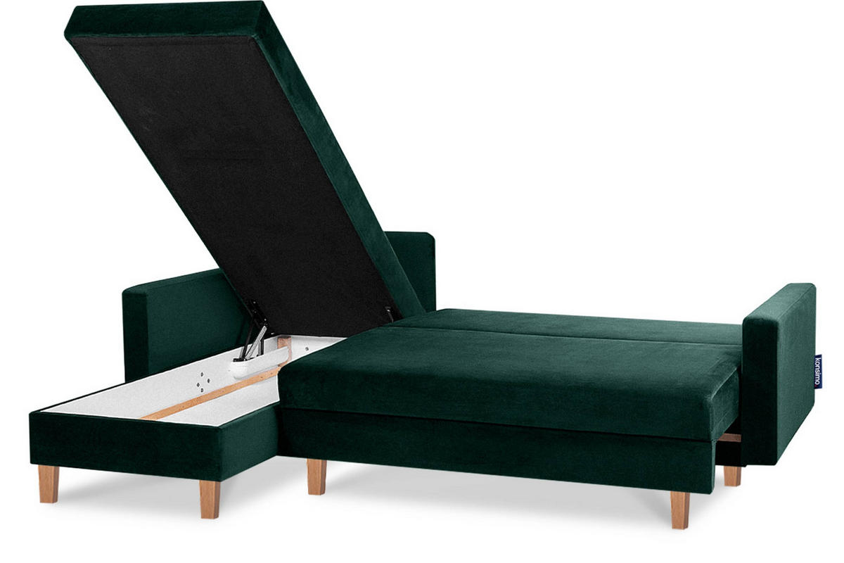 ECKSCHLAFSOFA ERISO 3/4 Sitzer und Universalecke mit Ottoman, Velour-Stoff, dunkelgrün - Dunkelgrün/Braun, Textil (240/183cm) - KONSIMO®