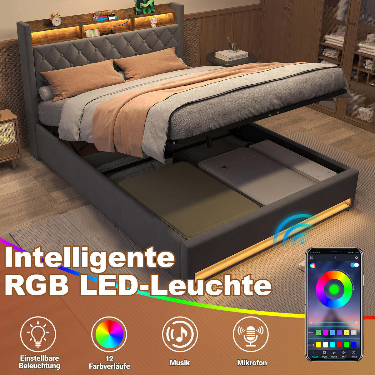 POLSTERBETT 160/200 cm in Grau Samt mit Bettkasten, LED-Beleuchtung und USB-Anschluss - Grau, Holzwerkstoff/Textil (160/200cm) - CHICFURN