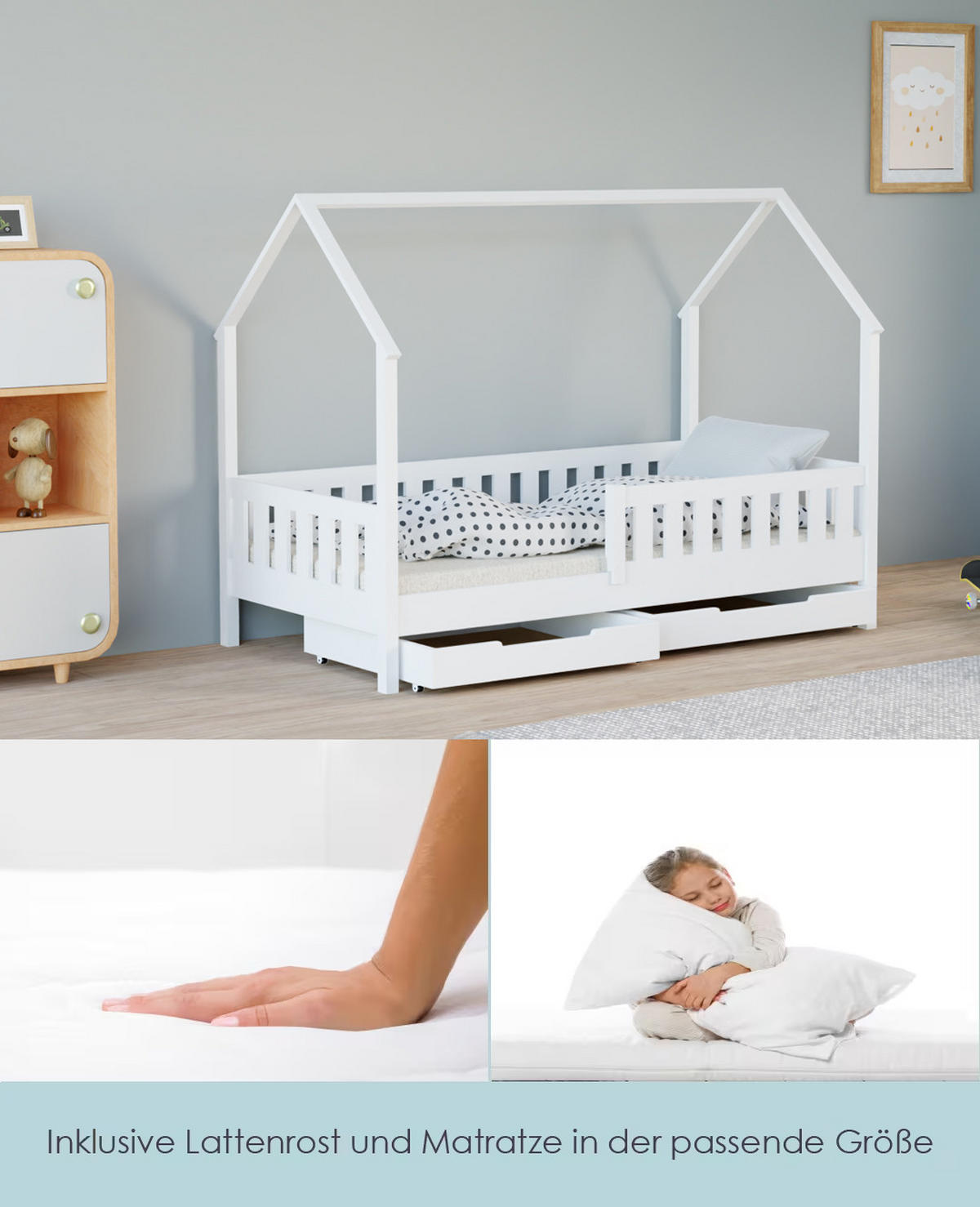 HAUSBETT 140x70 weiß mit Schubladen mit Matratze - Weiß, Holzwerkstoff (70/140cm)