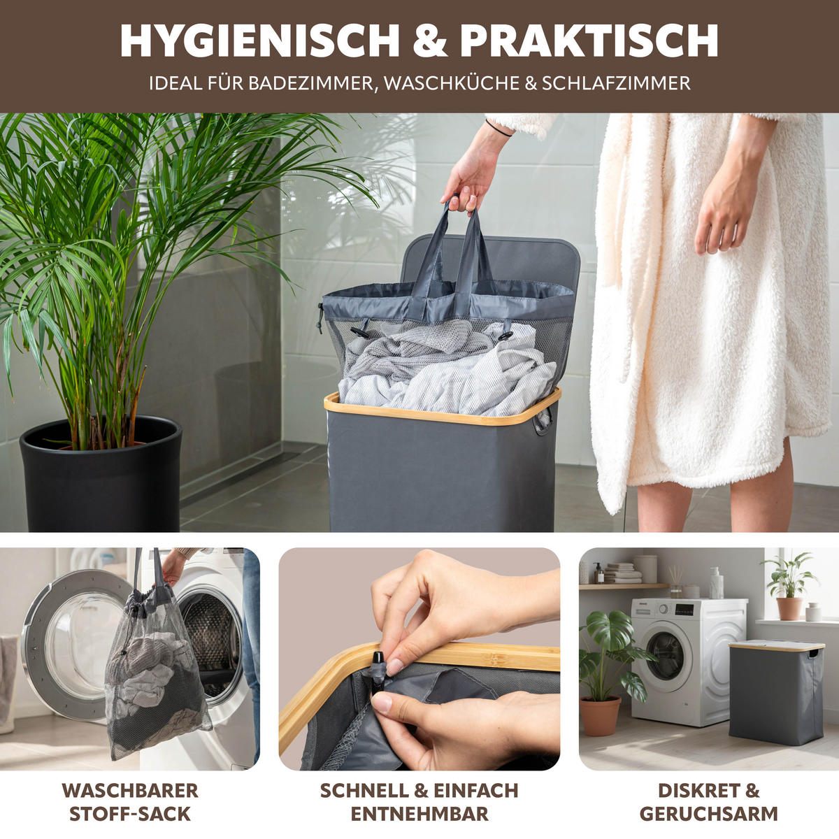 WÄSCHESAMMLER 60 Liter, grau - Grau, Textil (41/45.5/33cm) - bremermann