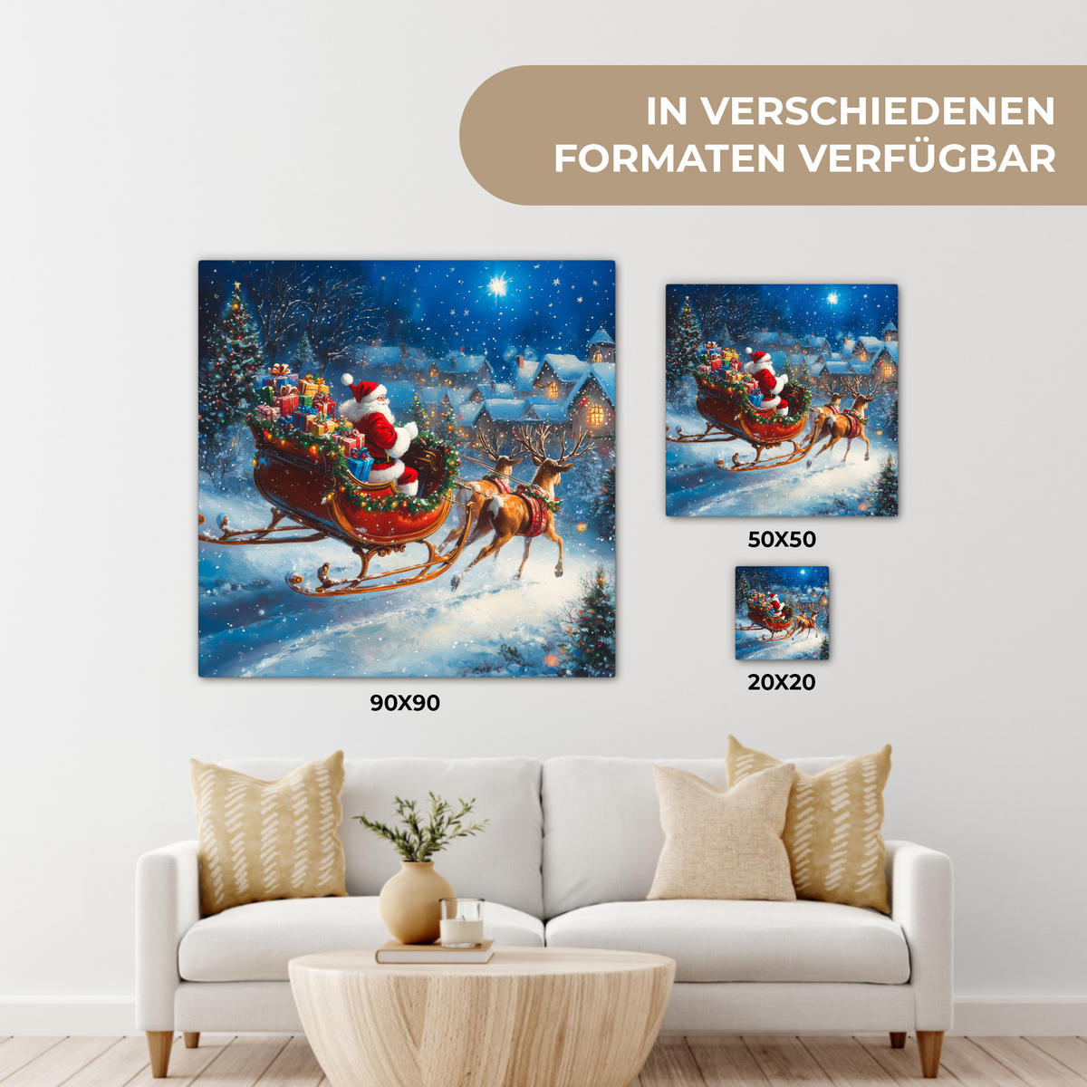 LEINWANDBILD Weihnachtsmann - Rentier - Weihnachten - Schnee 90x90 cm - Cognac, Textil (90/90cm) - MuchoWow