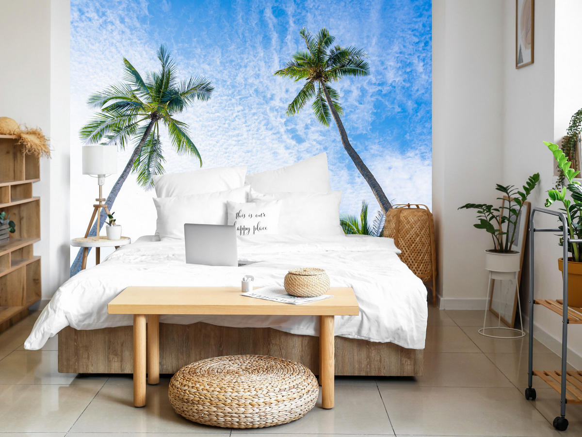 FOTOTAPETE für Badezimmer Palmen Kokos Himmel Untenblick 200x140 - Blau/Weiß, Papier (200/140cm) - Muralo