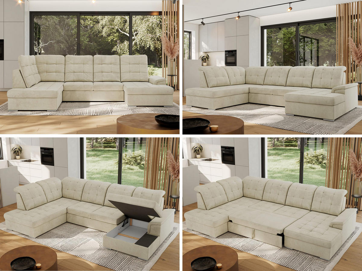 WOHNLANDSCHAFT MADRITO U - Beige Velorus - Links - Beige/Silberfarben, Textil/Metall (204/89/323cm) - MKS