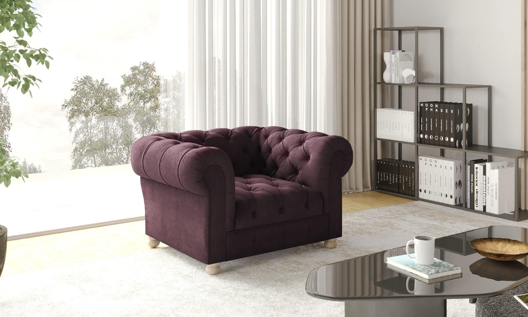 SESSEL CHESTERFIELD Elegant Klassisch Schick Stoff Whisper Velours Rotwein - Bordeaux, Holz (112/77/90cm) - Kaiser Möbel