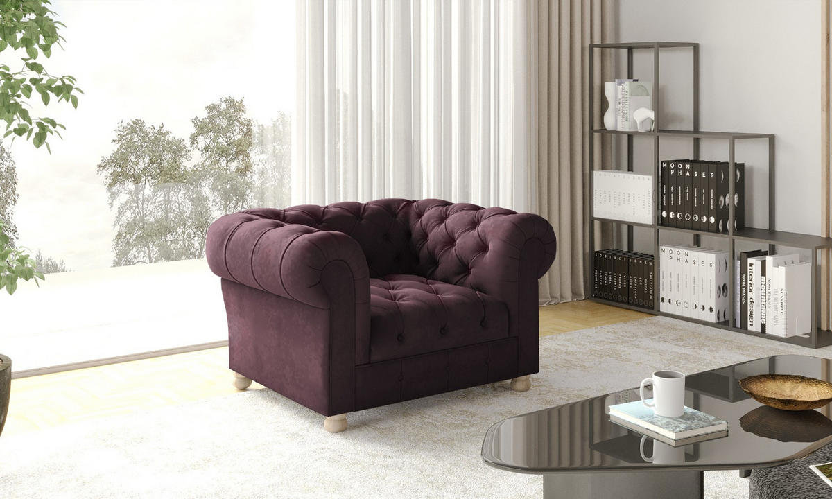 SESSEL CHESTERFIELD Elegant Klassisch Schick Stoff Whisper Velours Rotwein - Bordeaux, Holz (112/77/90cm) - Kaiser Möbel