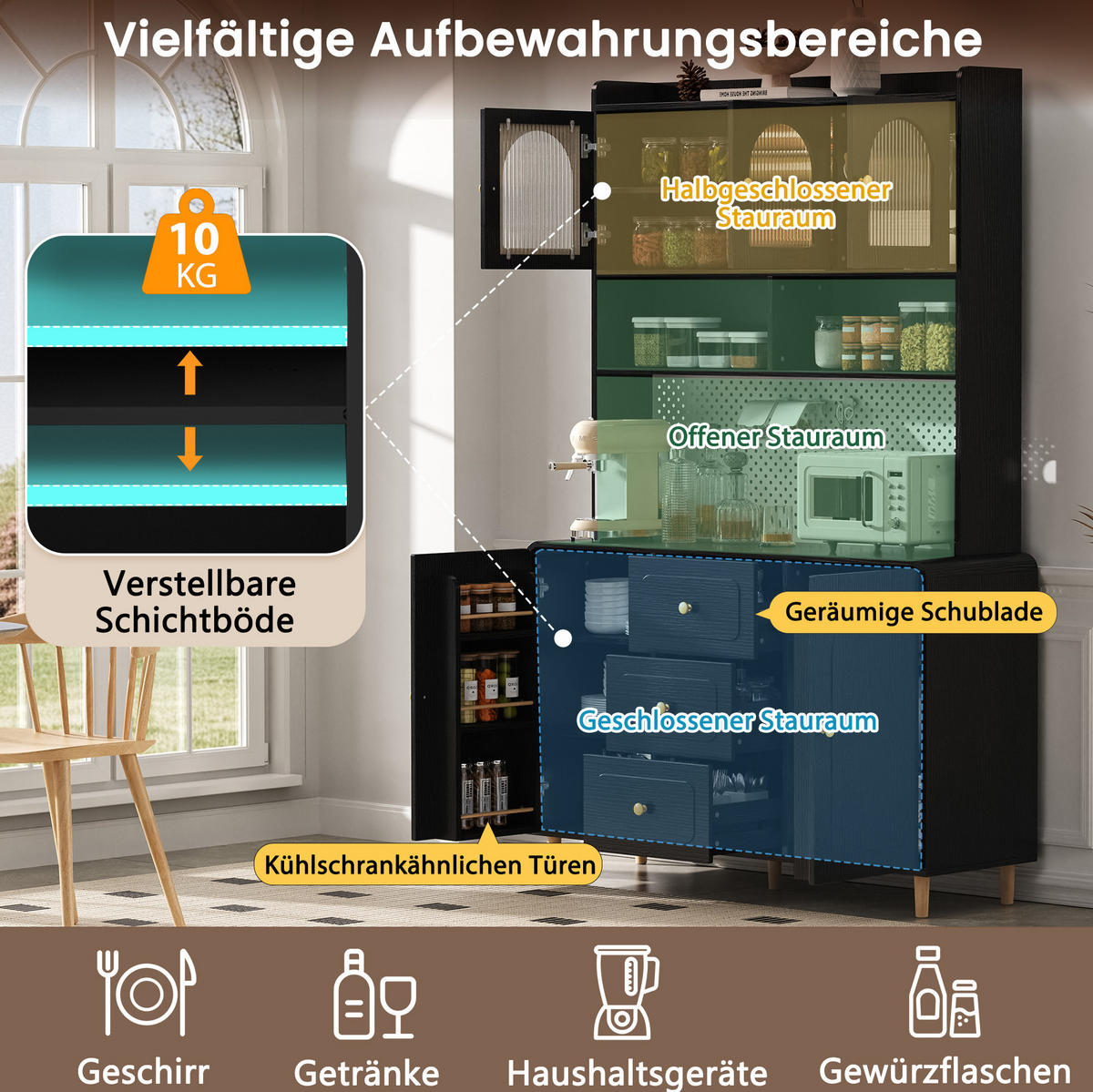 BUFFET 120/40/190 cm schwarz aus MDF mit Lochplatte und Schubladen - Schwarz, Holzwerkstoff (120/190/40cm) - OKWISH