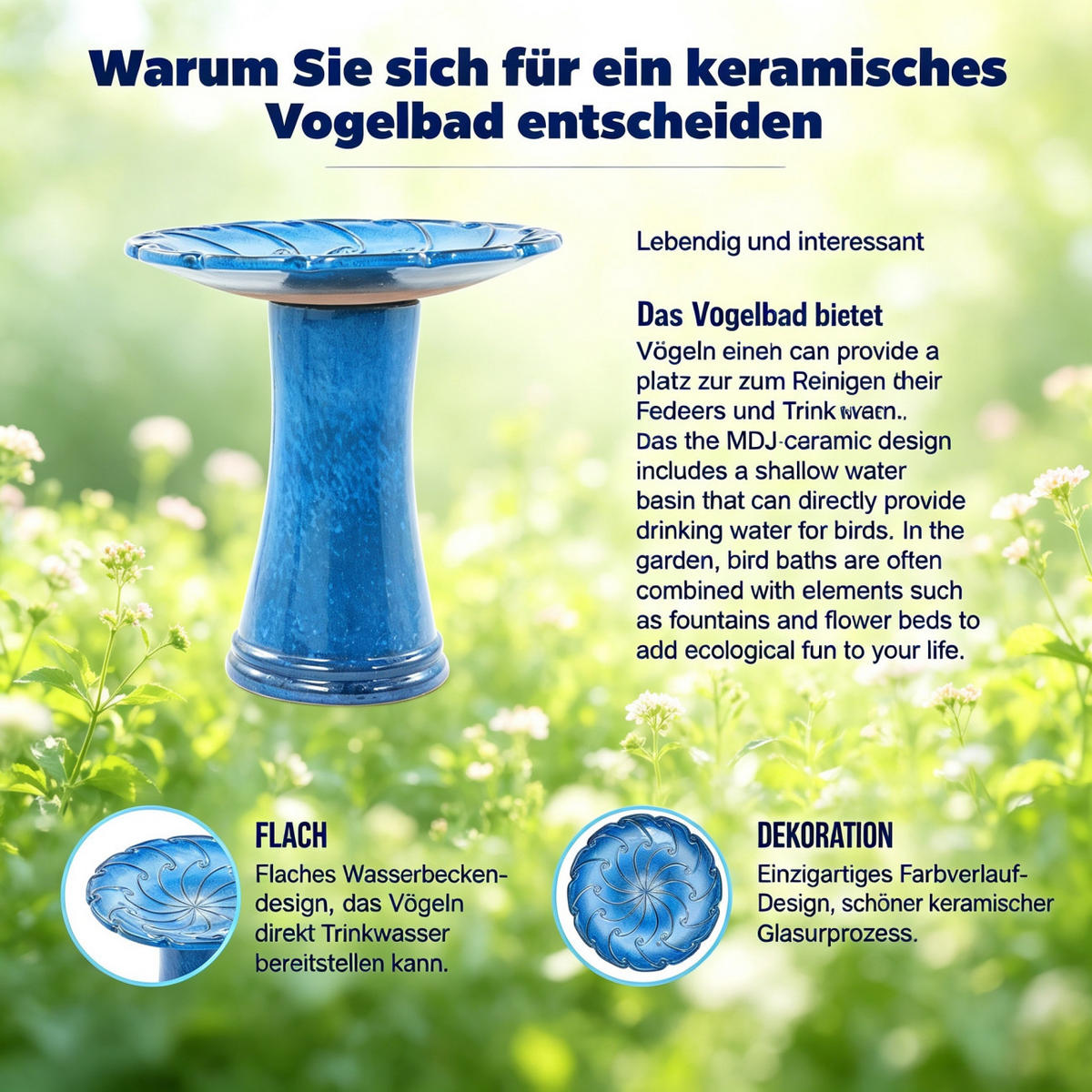 VOGELBAD mit Standfuß, Keramik Ø43/45H cm, Wetterfest, Blau - Blau, Keramik (43/45/43cm) - LVHOM