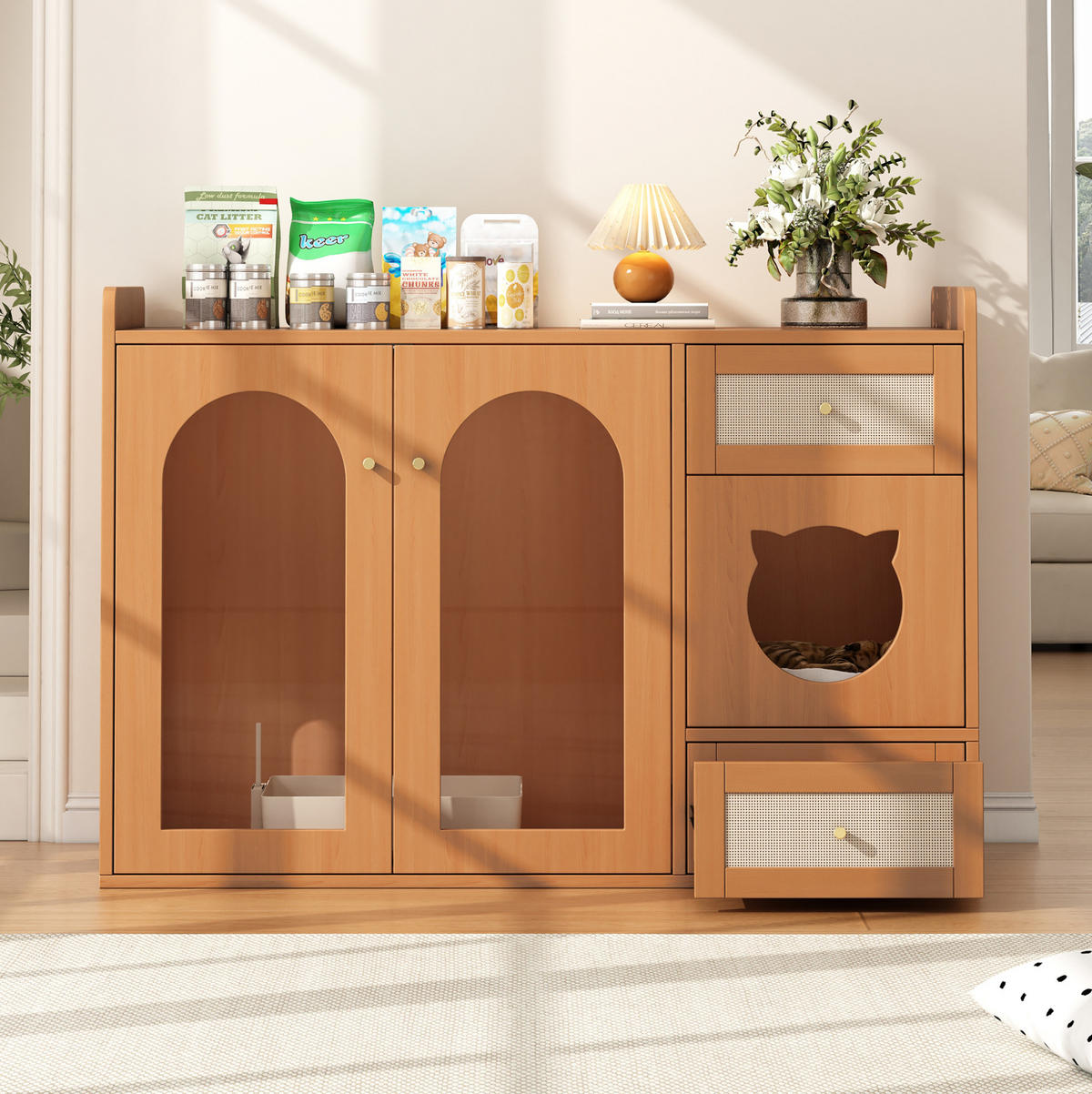 SIDEBOARD 120/45/76 cm, 5-in-1 Katzenmöbel mit verstecktem Katzenklo, Futternapf-Schublade und Nussbaumoptik, Walnuss - Walnussfarben, Holzwerkstoff (120/83/45cm) - Redom