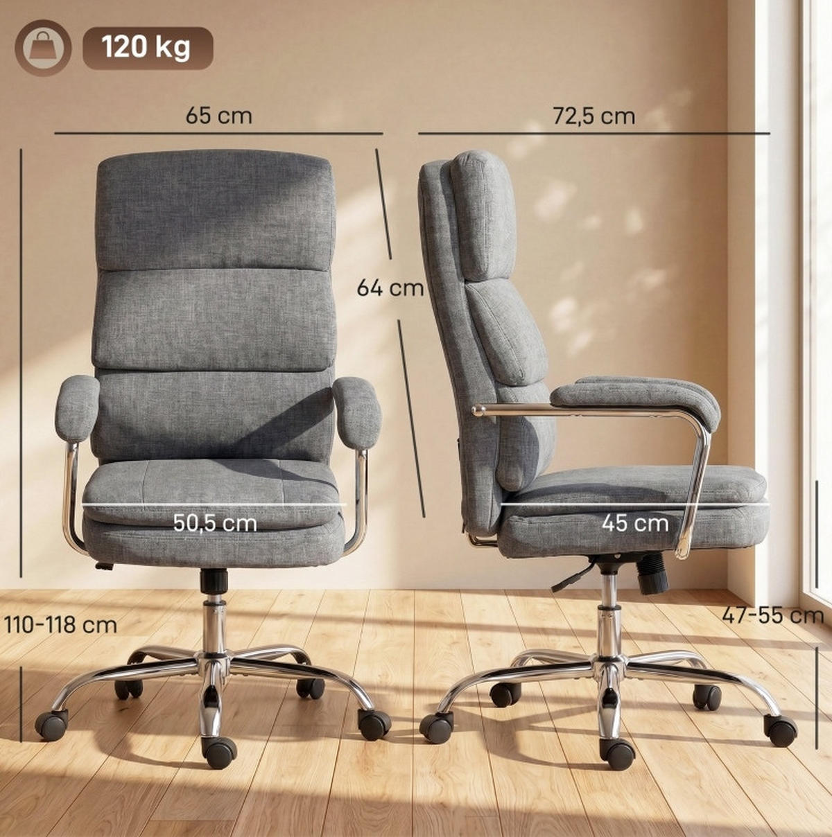BÜROSTUHL in Grau 65x72,5x118 cm mit Drehfunktion und Wippmechanik - Grau, Textil (72.5/118/65cm) - IVMEU