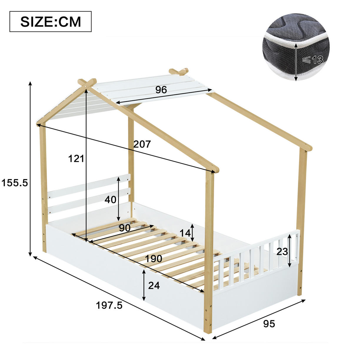 DOMČEKOVÁ posteľ 90/190 cm biela/prírodná so stabilným lamelovým roštom z borovice a MDF - biela, drevo (90/200cm) - OKWISH