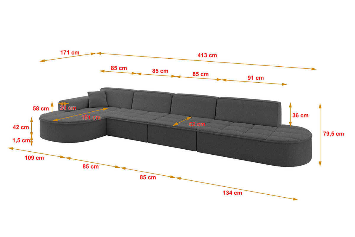 ECKSOFA Ottomane Links TARO-L3 - 413x171x79,5 cm Grau - Grau, Holzwerkstoff/Textil (413/171cm) - ALTDECOR