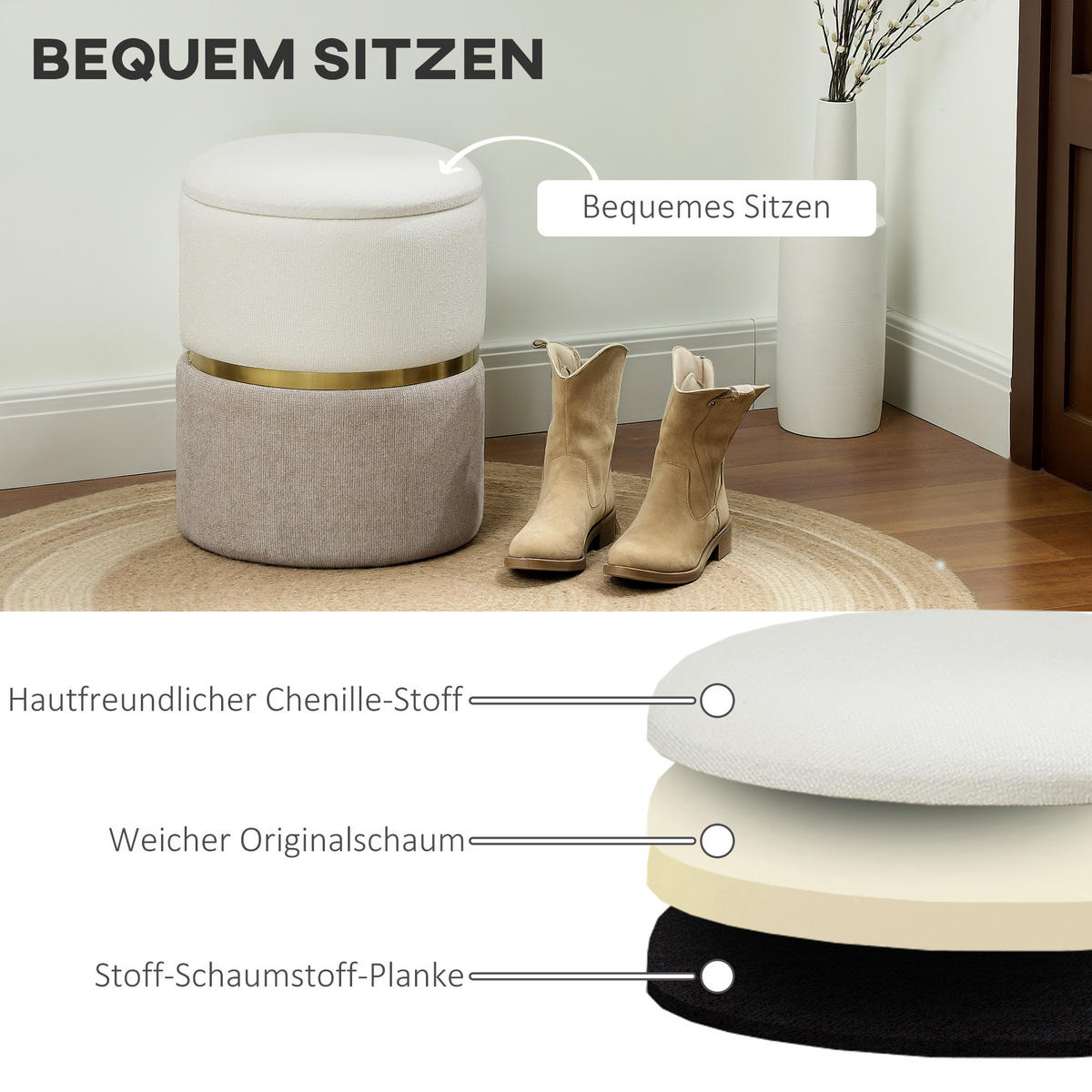 SITZHOCKER mit Stauraum, Creme - Creme, Kunststoff (36/44/36cm) - HOMCOM