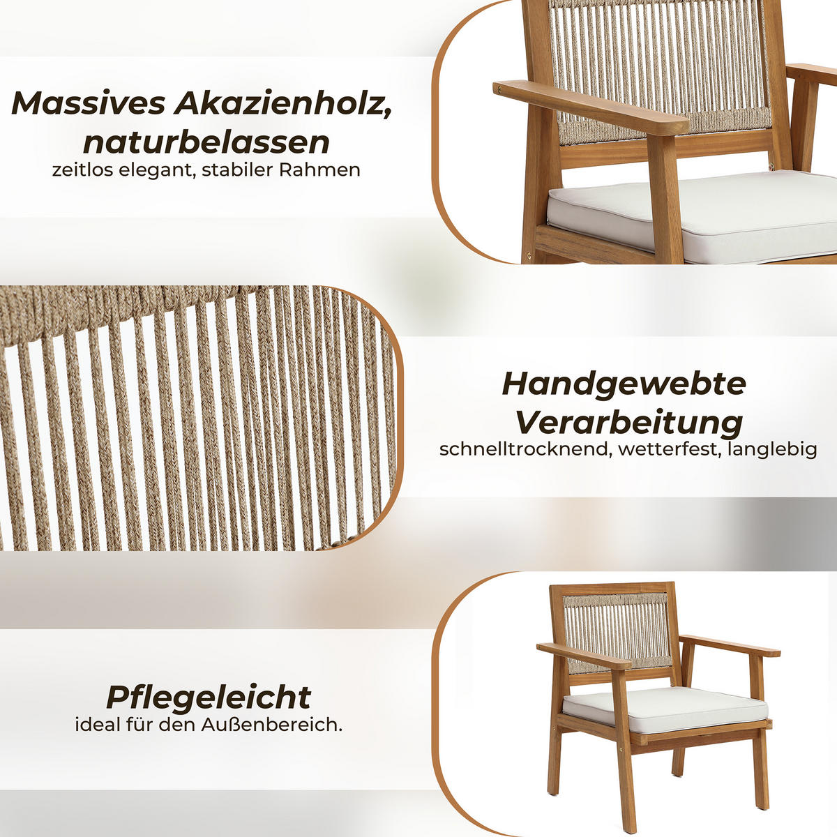75CM Outdoor-Armlehnstühle aus Akazienholz mit Seilrückenlehne und Kissen, 2er-Set - Akaziefarben, Holz (64/74.5/64cm) - Hometopia
