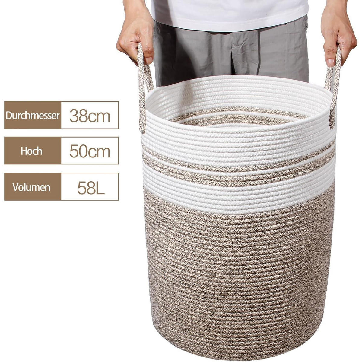 WÄSCHEKORB mit Henkel geflochten Braun2 38 x 50 CM - Multicolor, Textil (38/50/38cm)