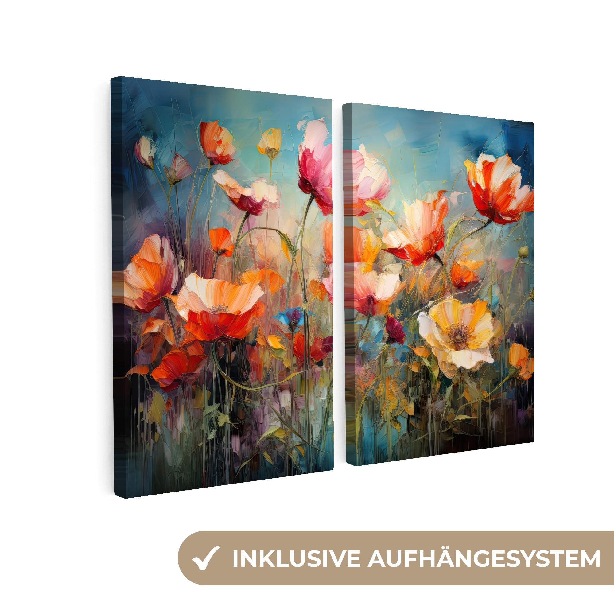 LEINWANDBILD 2er Set Blumen - Bunt - Abstrakt 80x60 cm - Blaugrau, Textil (80/60cm) - MuchoWow