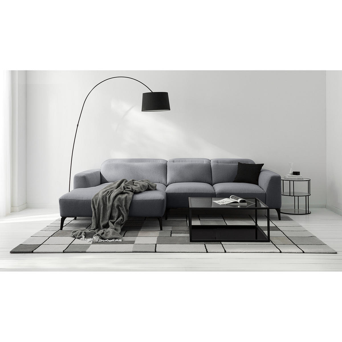 ECKSOFA mit Longchair - Schwarz/Grau, Textil/Metall (265/180cm) - home24