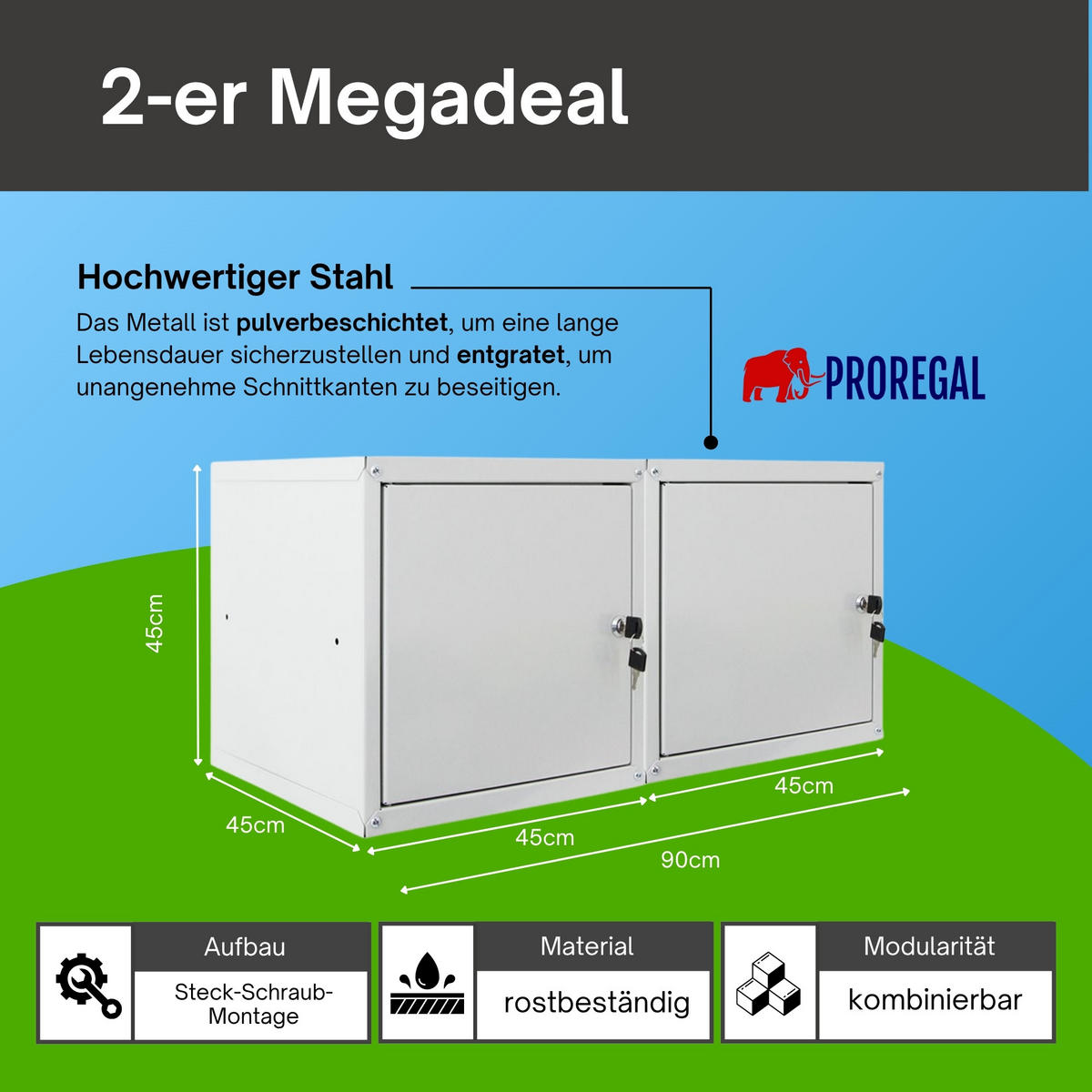 SCHLIESSFACHWÜRFEL Cubic 2er-Set XL 45x45x45 cm Grau - Grau, Metall (90/45/45cm) - PROREGAL