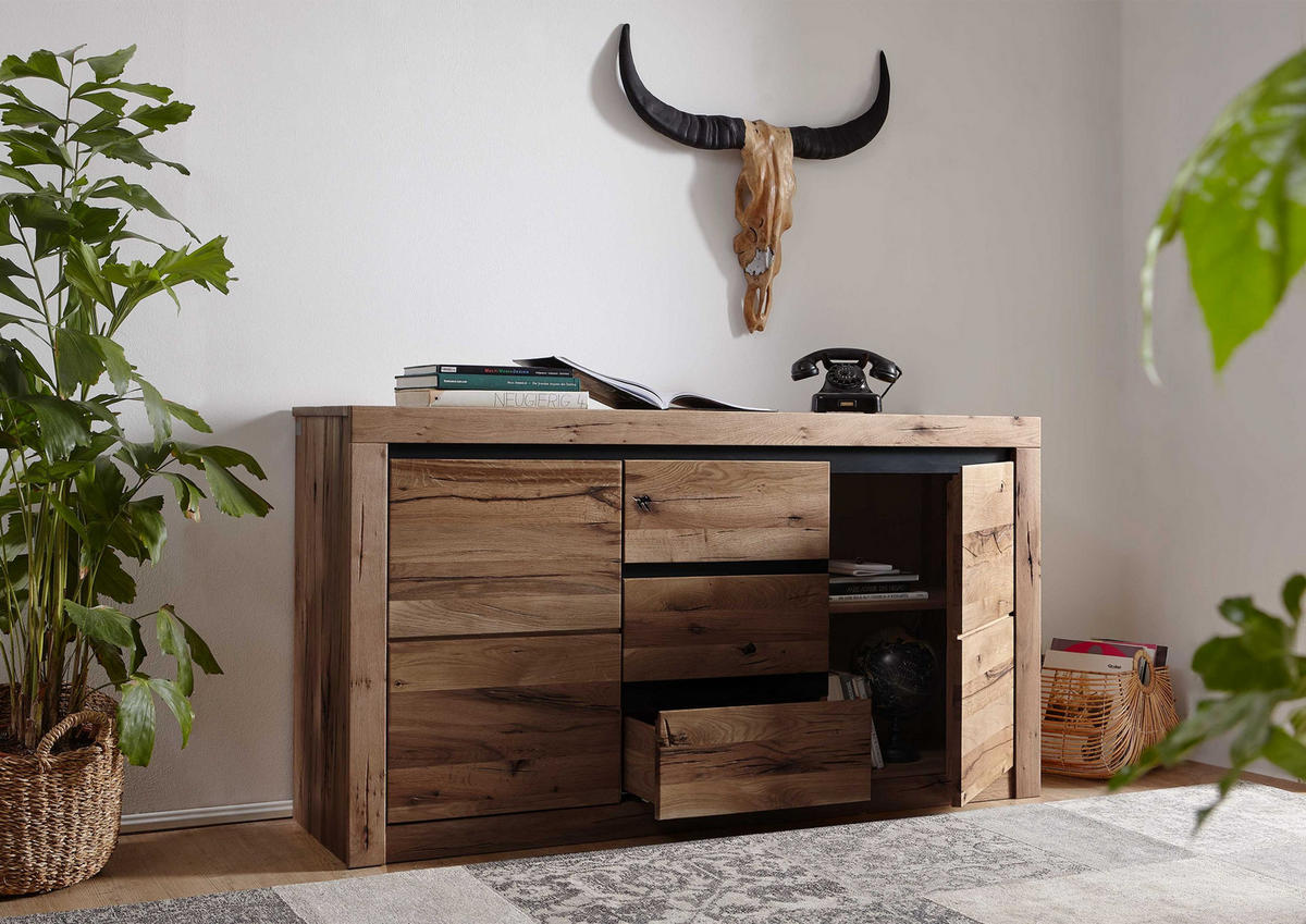 SIDEBOARD Wildeiche / Zerreiche 155x43x80 braun geölt MONTREUX #354 - Braun, Holzwerkstoff (155/80/43cm) - Massivmoebel24