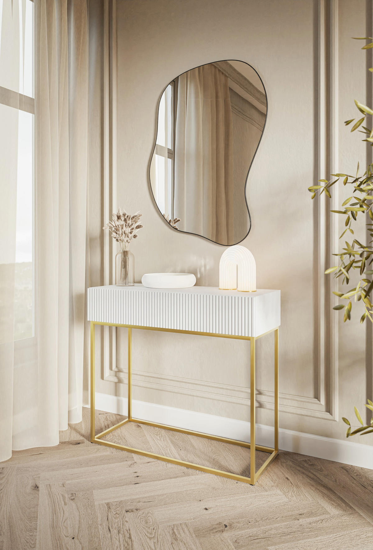 KONSOLENTISCH Veldio Weiß mit goldenen Beinen 90 cm - Goldfarben/Weiß, Holzwerkstoff/Metall (35.6/90/79cm) - Selsey