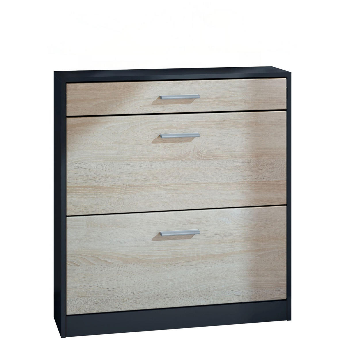 SCHUHSCHRANK Roma Schmal mit 2 Klappen und 1 Schublade, Platzsparender Schuhkipper, Schwarz/Eiche Sägerau (89 x 95,5 x 23 cm) - Eiche San Remo, Holzwerkstoff (89/95.5/23cm) - InnoFurn