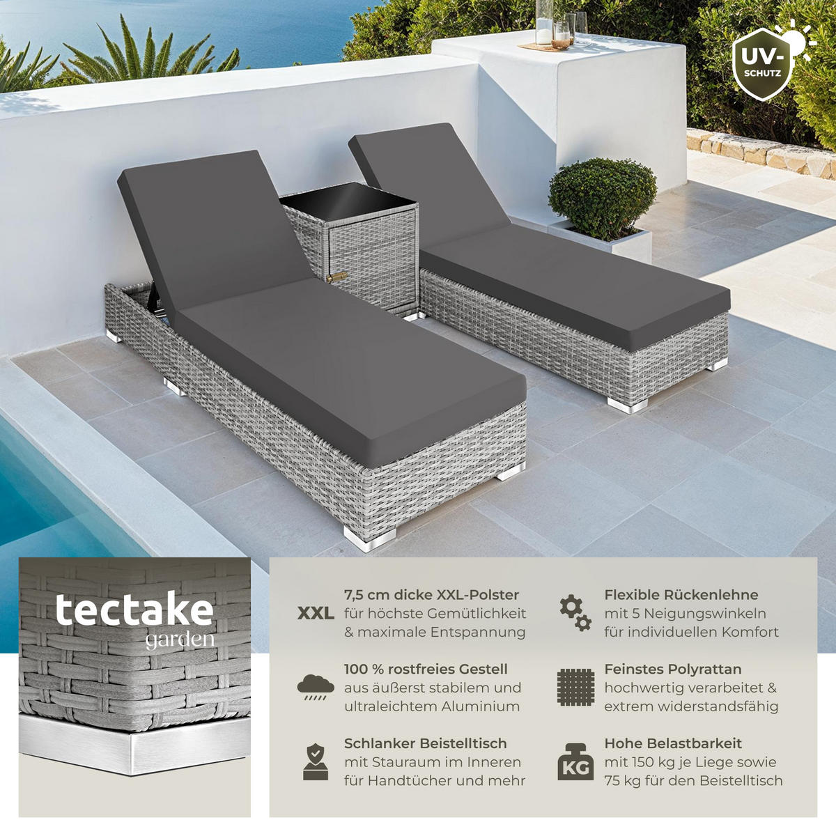 RATTAN-SONNENLIEGEN 2er Set ,wetterfest und UV-beständig,hellgrau - Hellgrau, Kunststoff (60/21/184cm) - tectake