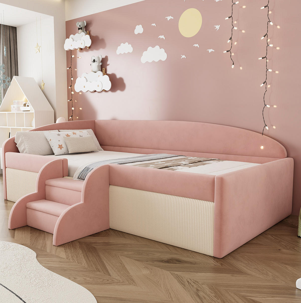 POLSTERBETT 90/190 cm aus Samt mit Stufen und Schutzbügel, Rosa/Weiß - Pink, Textil (90/190cm) - OKMYHOME