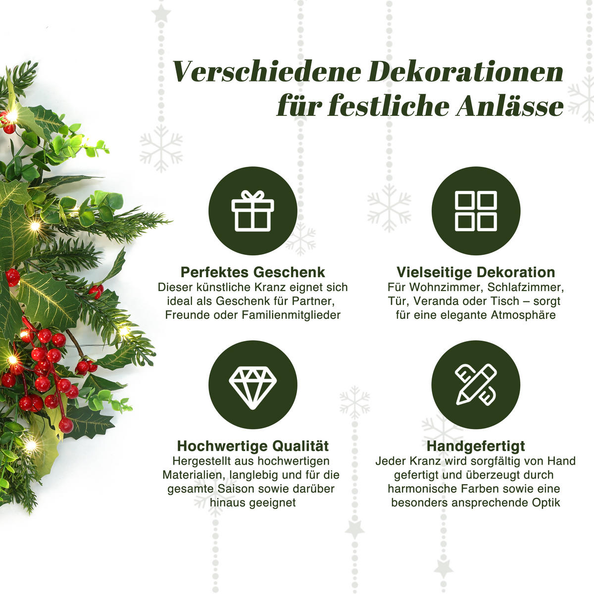 RUNDER LED-Weihnachtskranz Ø 40 cm mit roten Beeren, 30 LEDs, Timer - Dunkelgrün, Naturmaterialien (40cm) - Hometopia