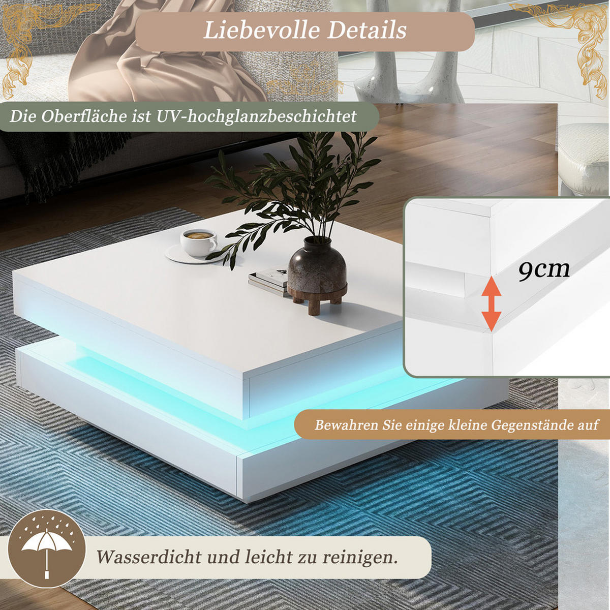 COUCHTISCH 70x70cm Weiß Quadratisch Bluetooth LED Techno Stil 45kg - Weiß, Holz (80/79.5/14.7cm) - FLIEKS