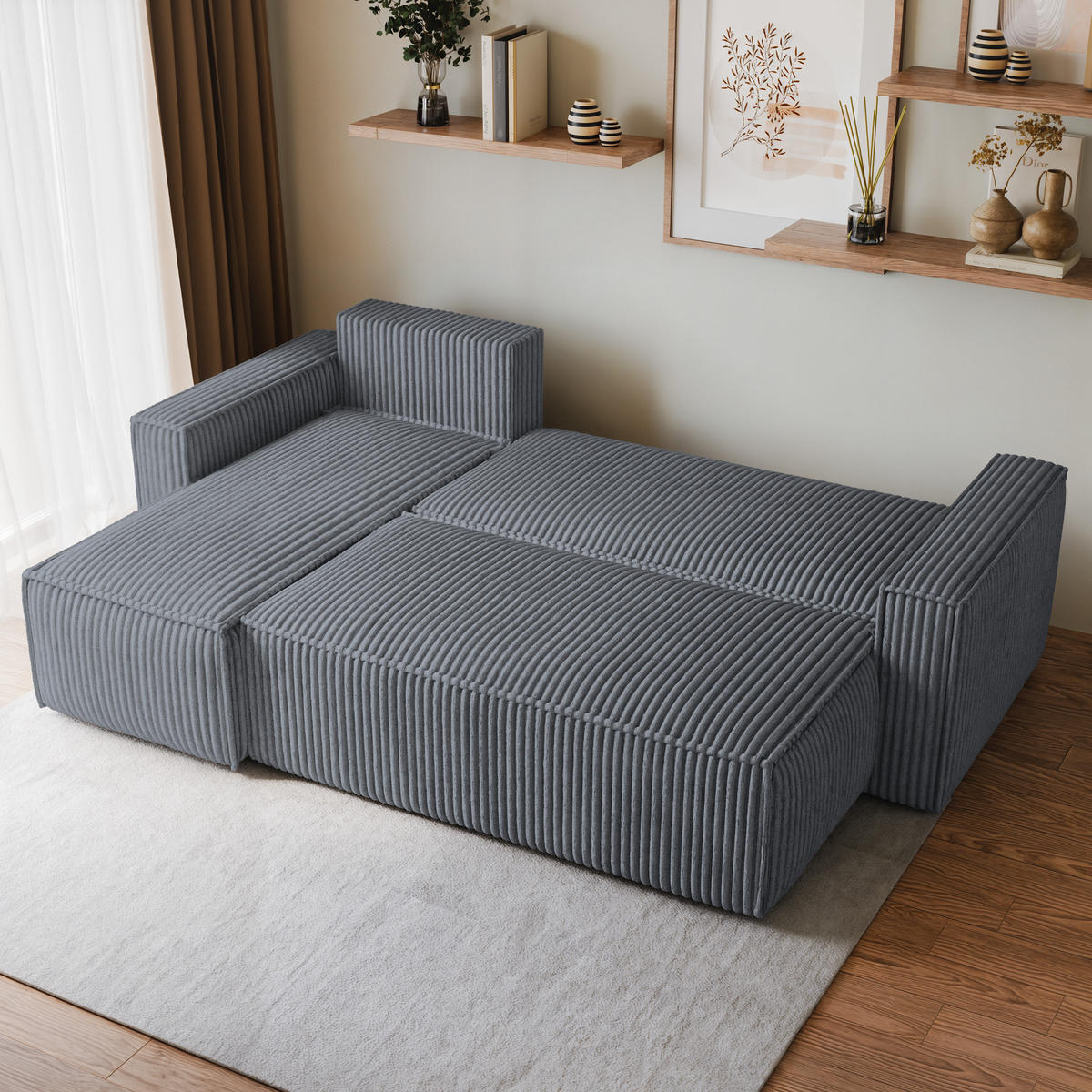 ECKSOFA RAVELO T Grau Kordstoff mit Schlaffunktion - Grau, Holz (240/140cm) - MASSENO