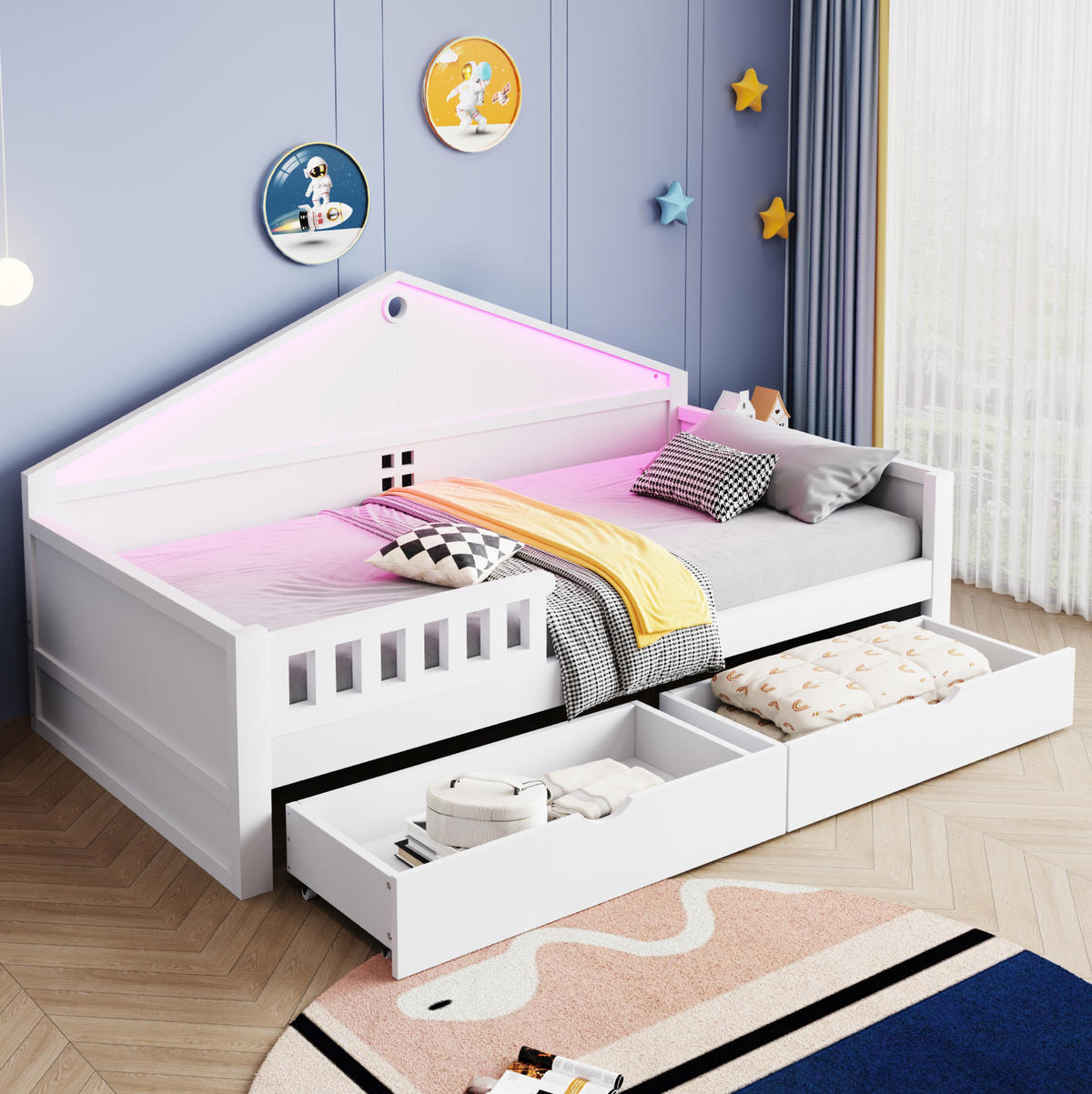 KINDEREINZELBETTEN aus Holz und MDF 90x200 cm in Weiß mit LED & 2 Schubladen - Weiß, Holz (90/200cm) - Modfu