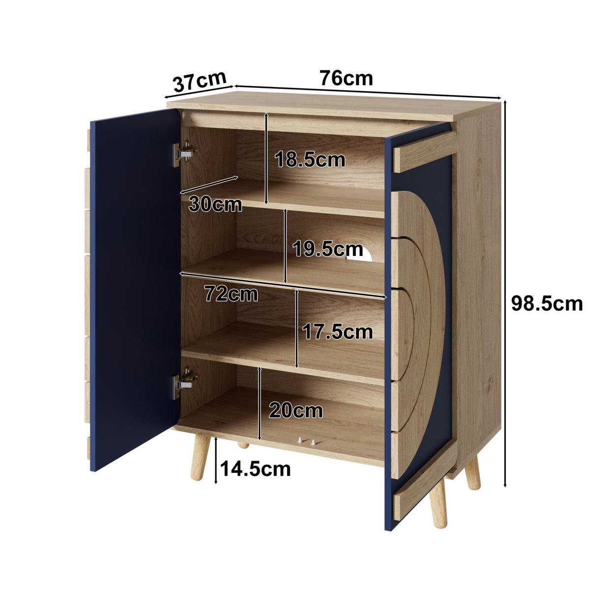 SCHUHSCHRANK 76/37/98,5 cm mit geometrischen Türen, mehrstufigem Stauraum und Holzbeinen, Blau/Natur - Naturfarben, Holzwerkstoff (76/98.5/37cm) - Redom