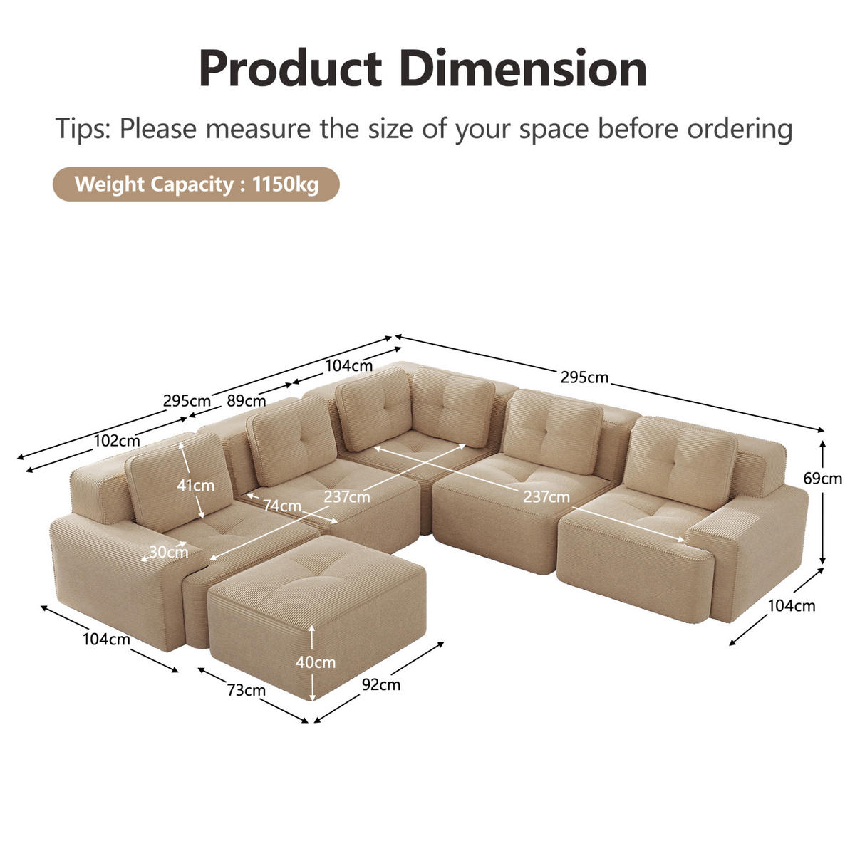 ECKSOFA modular Beige Cordstoff - Beige, Kunststoff (295/295cm) - Meubliv