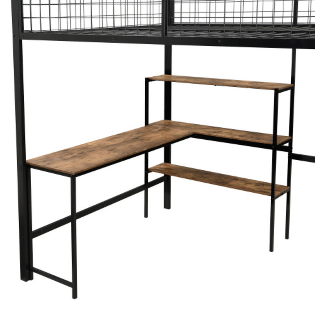 HOCHBETT 140 × 200 cm aus Metall und MDF mit Schreibtisch, Regalen und Kleiderschrank, schwarz - Schwarz, Holzwerkstoff - Luhomfu