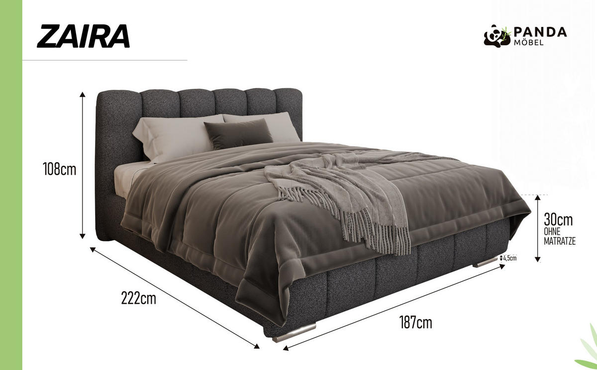 POLSTERBETT ZAIRA 160 x 200 cm mit Bettkasten und Lattenrost, 7-Zonen-Taschenfederkernmatratze CIRA (24 cm) – Schwarz - Schwarz, Holz (140/206cm) - Panda Möbel
