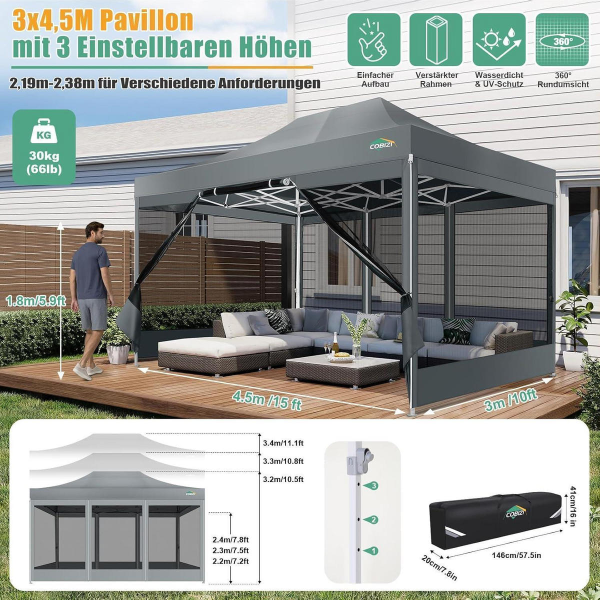 FALTPAVILLON 3x4,5 m mit Moskitonetz und UV-Schutz 50+ Grau - Grau, Textil (300/238/450cm)