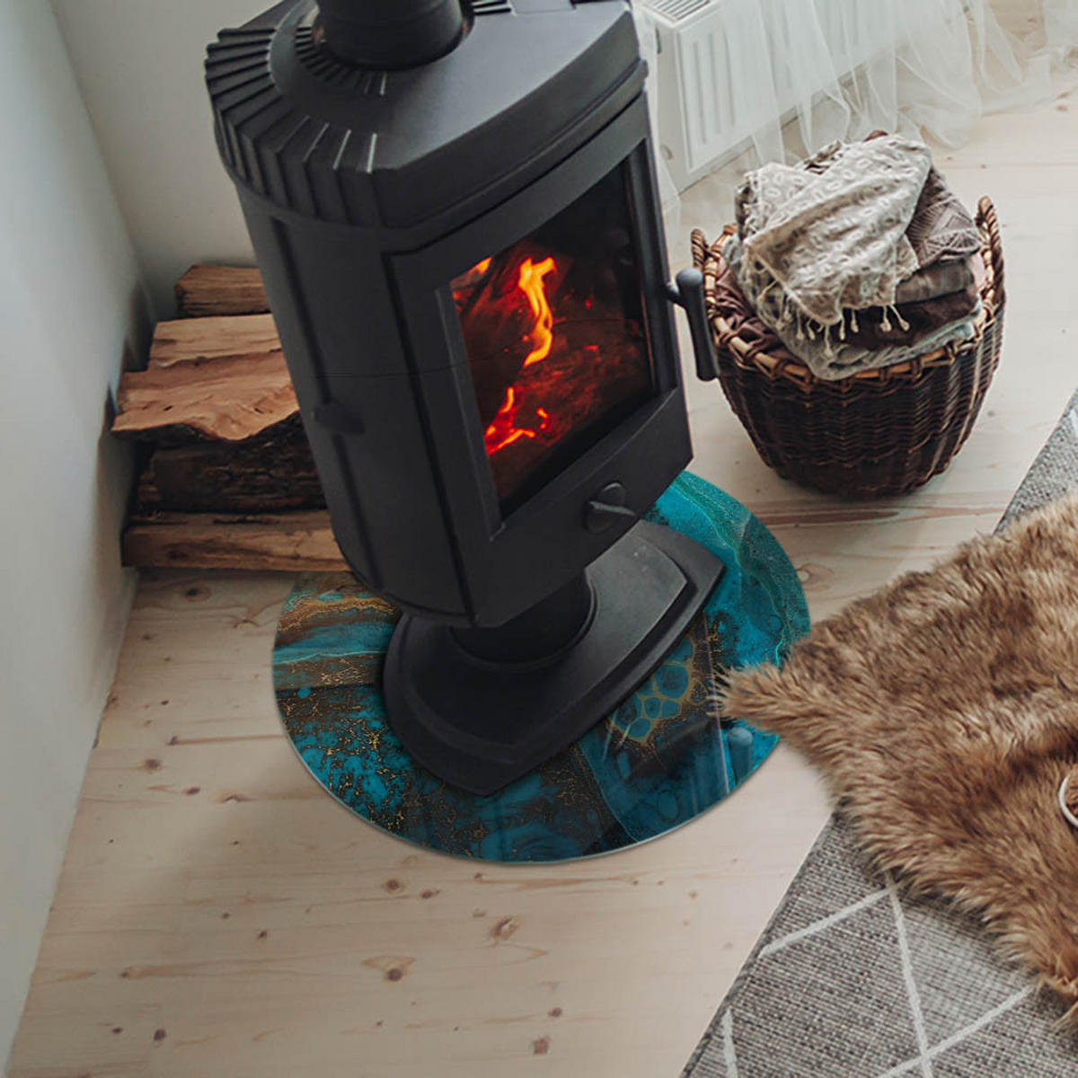 GLASPLATTE für Kamin Ø 50 cm - Türkis, Glas (50/50/0.4cm) - TULUP