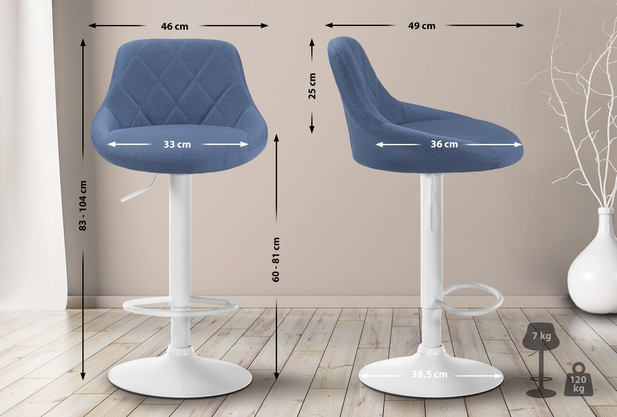BARHOCKER Stoff Blau - Blau/Weiß, Textil/Metall (46/83/49cm) - CLP