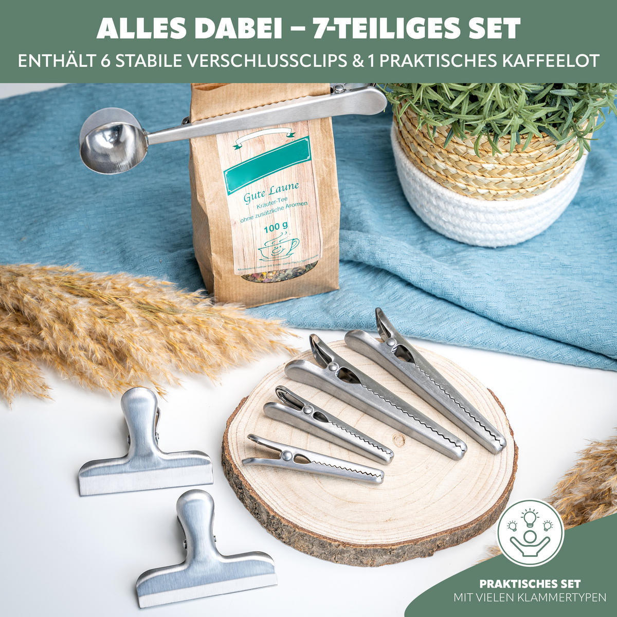 VERSCHLUSSKLAMMERN 7er-Set, silber - Edelstahlfarben, Metall (2.5/2.5/17.5cm) - bremermann