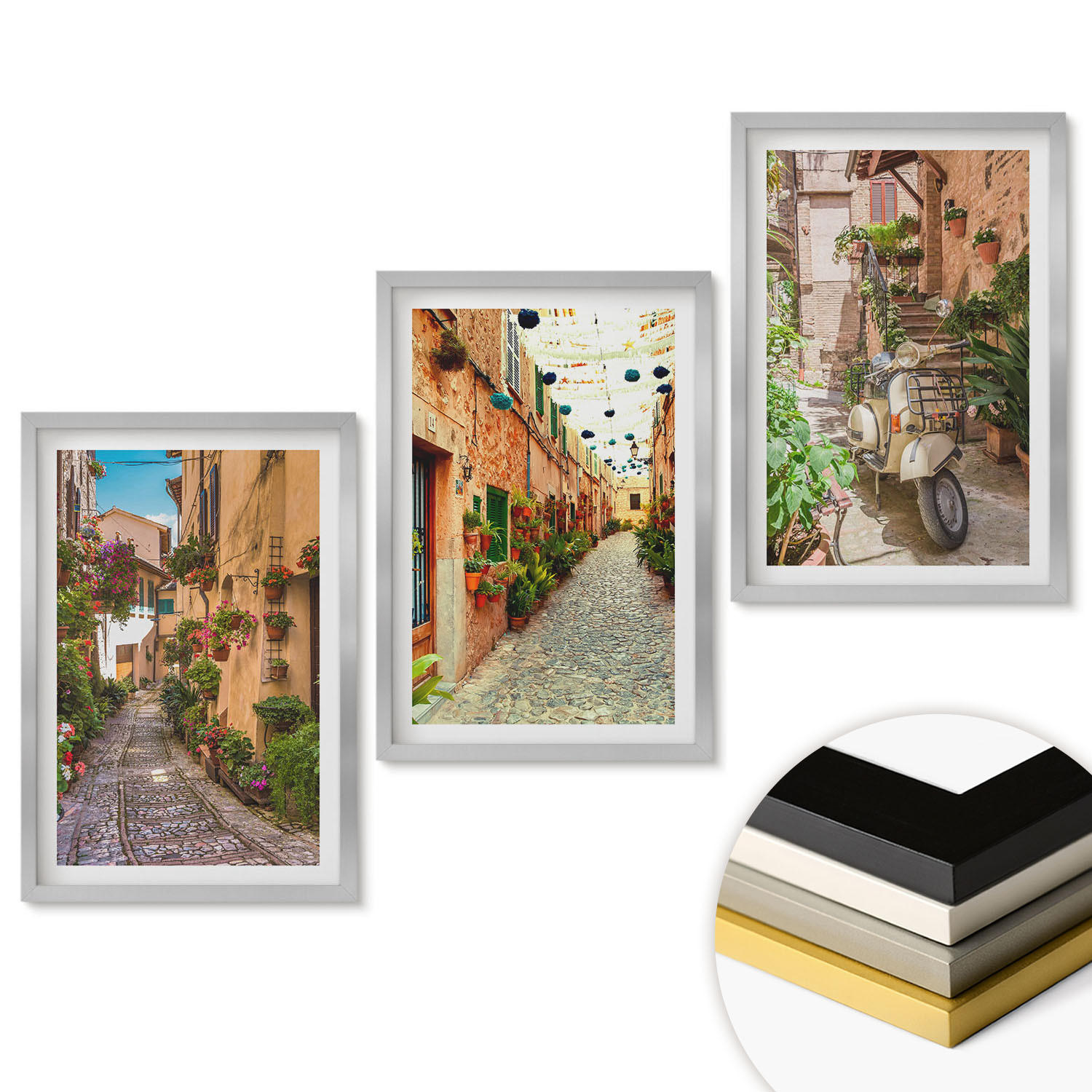 WANDBILDER 3er Set - 40x60 cm Silberner Rahmen - Straßen, Blumen, italienisches Flair - Silberfarben, Kunststoff (40/60cm) - ArtPrintCave