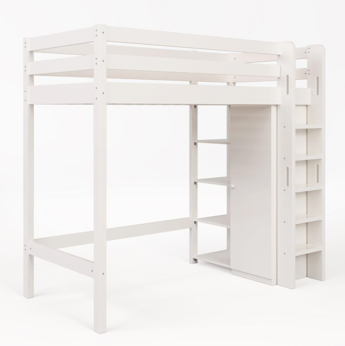 HOCHBETT 90/200 cm mit Kleiderschrank, 6 Regalen und flexibler Montage aus Massivholz und Spanplatte, Weiß - Weiß, Holzwerkstoff - Redom