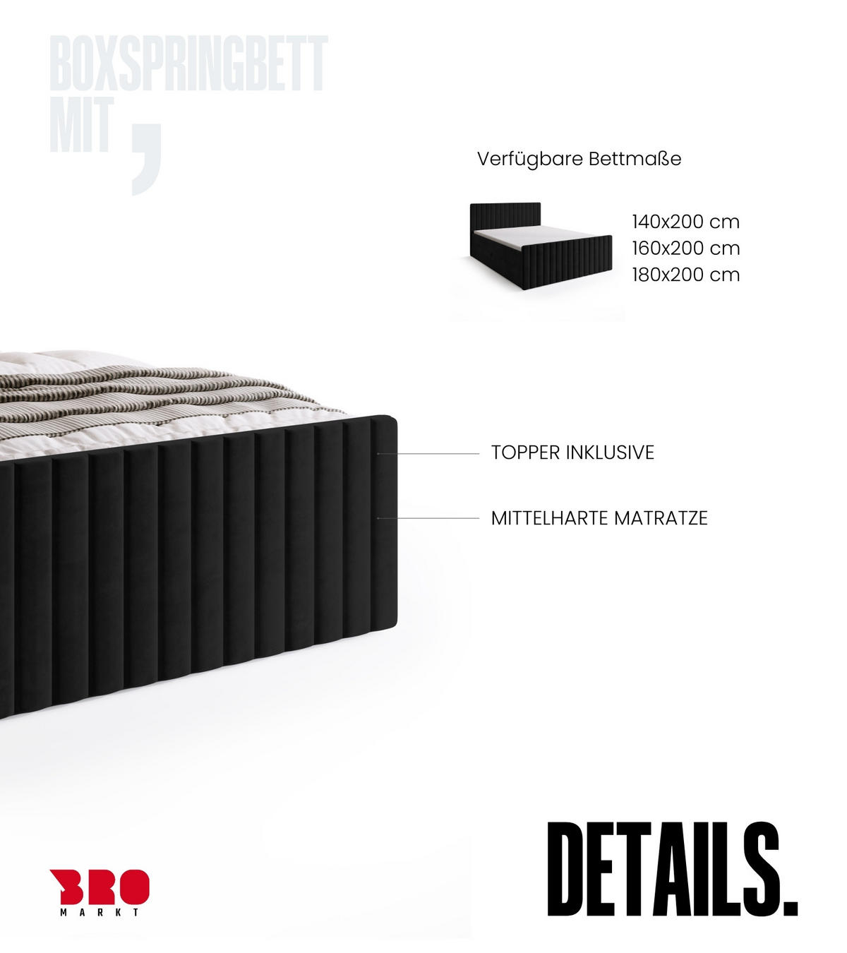 BOXSPRINGBETT Dream Duo mit Topper 140/200 Schwarz - Schwarz, Kunststoff (140/200cm) - Bromarkt