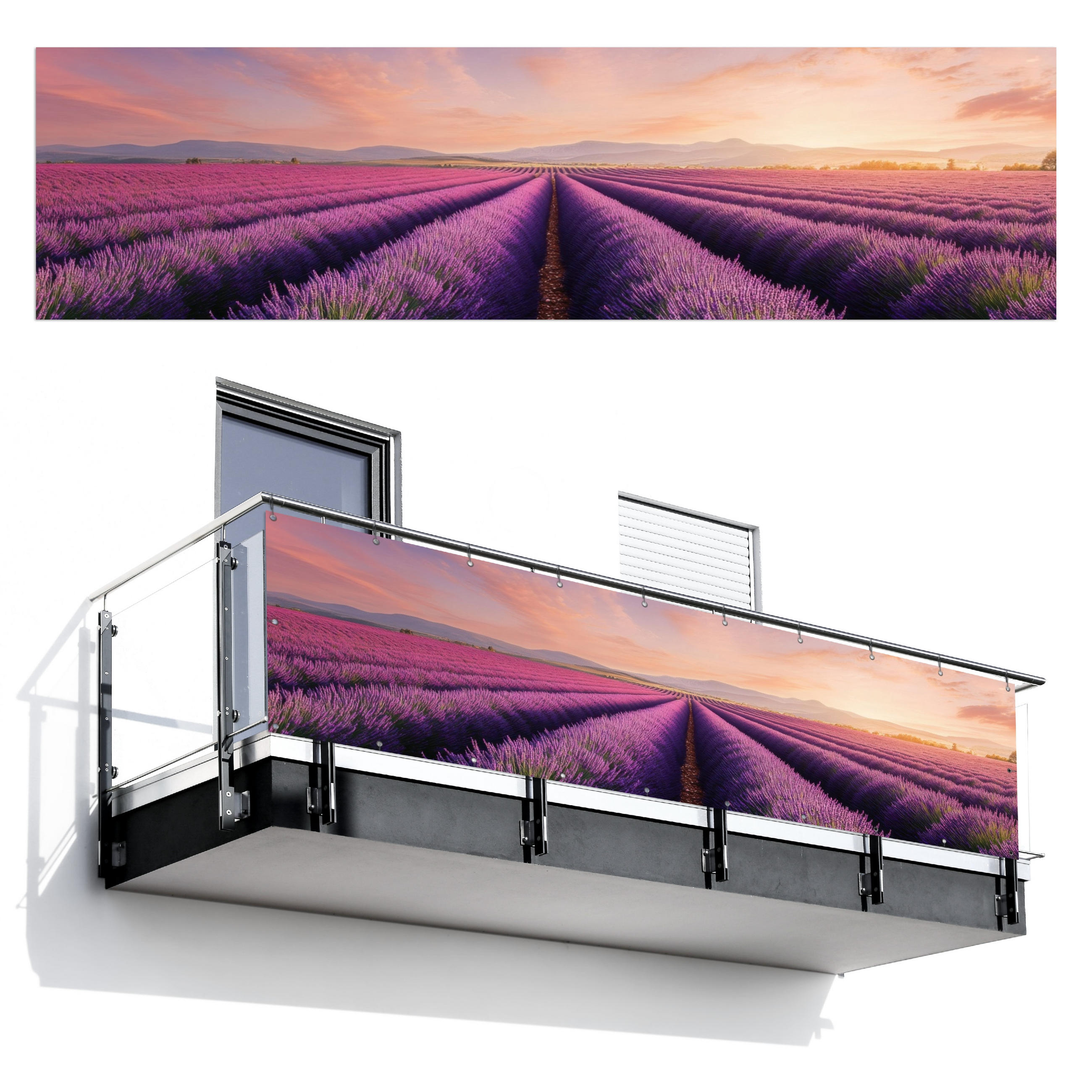 BALKON-SICHTSCHUTZ Lavendelfeld - Sonnenuntergang - Lila - Blumen - Violett, Kunststoff (300/85cm) - MuchoWow