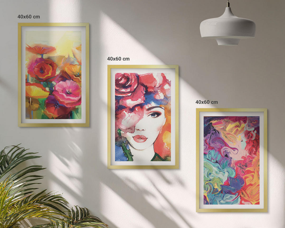 BILDER SET 3er Set - 40x60 cm Goldrahmen - Intensives Blumenporträt einer Frau - Goldfarben, Kunststoff (40/60cm) - TULUP