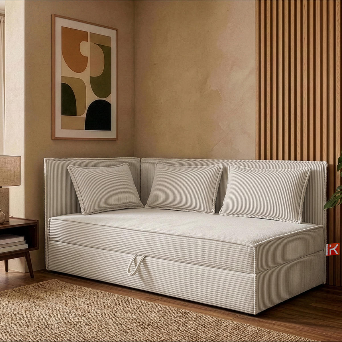 JUGENDBETT ROTI Einzelbett mit Bettkasten, 90x200cm, Bett mit Bonellmatratze, mit Rückenlehne - Creme/Schwarz, Holz/Holzwerkstoff (92/200cm) - KONSIMO®
