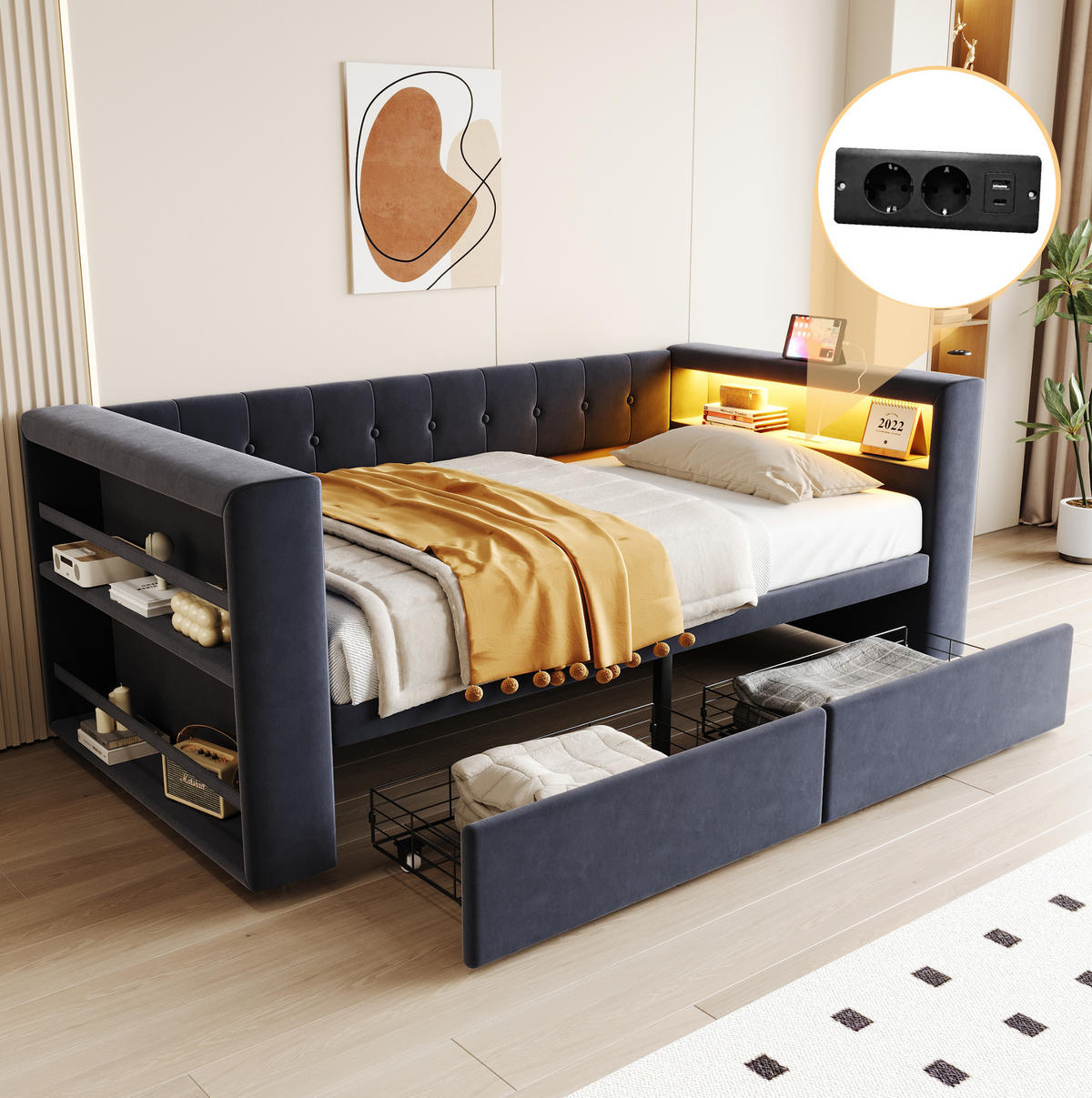 POLSTERBETT 90/190 cm mit LED-Beleuchtung, Steckdose, Stauraum und 2 Schubladen, Dunkelgrau - Dunkelgrau, Textil (90/190cm) - Redom