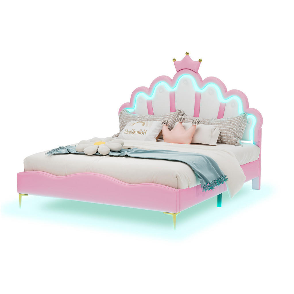 OKWISH POSTEL 140/200 cm růžová z PU kůže s LED osvětlením a korunkovým čelem