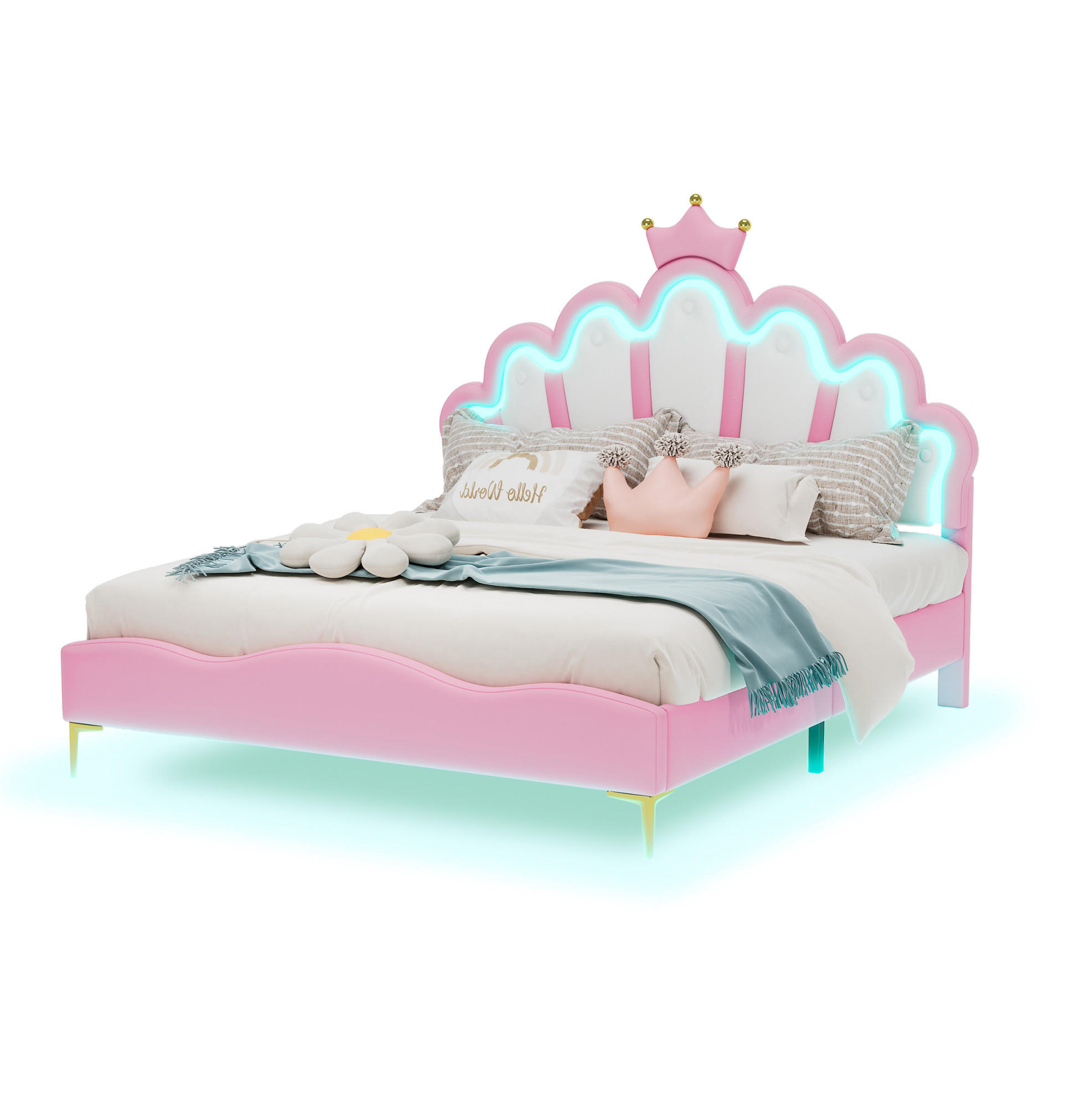 KINDERBETT 140/200 cm Rosa mit krönendem Kopfteil und LED-Beleuchtung - Rosa, Kunststoff (140/200cm) - OKWISH