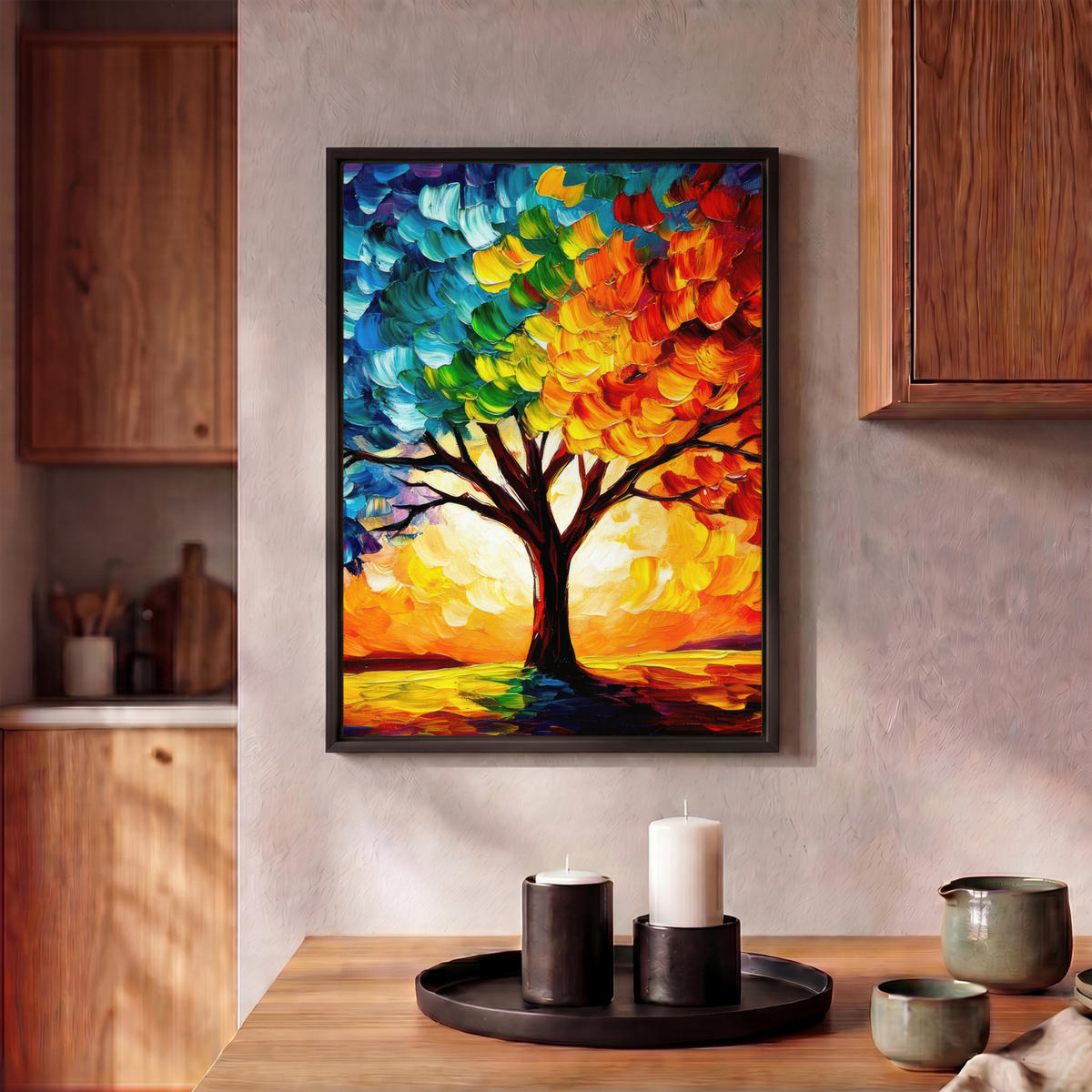 LEINWAND Bilder mit Rahmen - Baum - Kunst - Natur - Sonnenuntergang - 30x40 - Multicolor, Textil (30/40cm) - MuchoWow