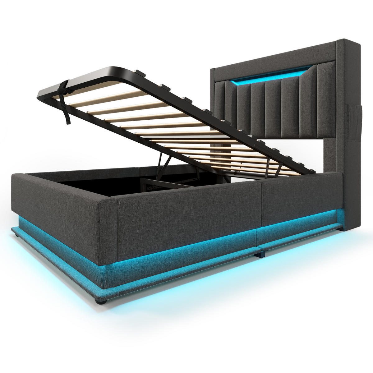 POLSTERBETT 90/200 cm Grau aus Leinen mit LED und Stauraum - Grau, Textil (90/200cm) - OKWISH